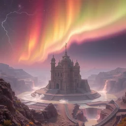himeji castle on danakil depression of the place with acid pools by hindenburg aircraft disaster during autumn season on an interstellar aurora borealis with heavy thunder and lightning, pink waterfalls, lush, by peter mohrbacher, james jean, james gilleard, greg rutkowski, rule of thirds, octane render, beautiful