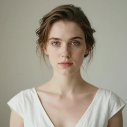 the close - up portrait photo of ellen sheidlin weared in white dress shoted on petzval 8 5 mm using kodak portra