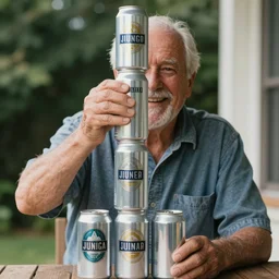 a happy old man stacking his beer cans as high as possible