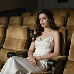 cinestill 5 0 d wide photo portrait of a beautiful woman sitting in a dystopian abandoned cinema, wearing white dress, elegant, highly detailed, pale gold tonal glossy, soft blur, artstation, sharp focus, head in focus,