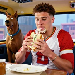 patrick mahomes eating a reuben sandwich in the scooby doo mystery van