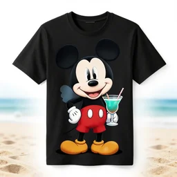 black t-shirt, mickey mouse drinking a cocktail on the beach, a design masterpiece highly detailed, superrealism 8k resolution