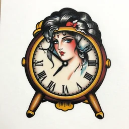 traditional american tattoo art of a woman inside a clock, by andy warhol, fine detail, sheet paper, white background