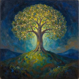 a beautiful painting of a portal to infinite creativity, magical tree of life centered on a hill, abstract landscape, 8 k, night, fairy lights, symmetrical, photorealism, hyper detailed
