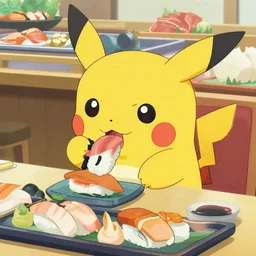 totodile eating at sushi buffet, cute, pokemon, ken sugimori