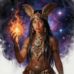 : native female shaman, fantasy magic, femine energy, intricate, sharp focus, illustration, highly detailed, digital painting, concept art, matte, jahbu art, taino, cosmic, cosmos