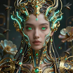 very beautiful woman integrating with technology, full face frontal centered, portrait, insipiring, detailed intricate ornate neon pulsating cables connected to head, green big eyes, luxurious detailed abundent wiring and implants, gold, renaissance, sci - fi, detailed technology background with cyber flowers and insects, dramatic lighting, photography, highly detailed, artstation, 8 k,