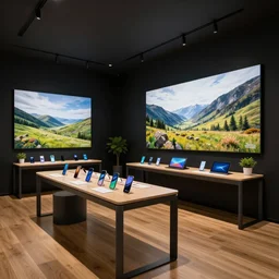 copic marker, gouache!!!!!!!!!! ( ( ( ( ( ( ( ( ( ( serious grounded balanced muted flagship samsung store, black walls. timber floor. low ceilings with spots. curved furniture, with large digital screen. display tables with phones and tablets, pots with plants, large digital screens on the walls ) ) ) ) ) ) ) ) ) )