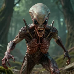 still from a horror movie of grotesque alien lunging towards the camera, highly detailed, 85MM, horror movie scene, unreal engine, octane render, natural light outside