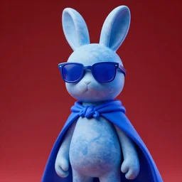 rabbit groot as marble statue with sunglasses, blue sunglasses, blue cape, in red background, soft blue texture, blue realistic 3 d render, high blue lights, 4 k, high detailed photography, 5 0 mm lens, rich blue colors, smooth gradients, depth of field, cinematic, hyper realism, high detail, octane render, unreal engine, 8 k, blue cape