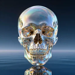 a giant clear glass skull, floating high above a mirrored lake, hyper realistic, coherent design, symmetrical, vivid color, complementary color, golden ratio, detailed, sharp lines, intricate, rainbowshift, in unreal engine, nvidia optix, octane render