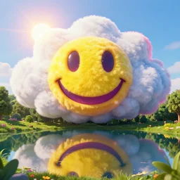 fantastical vibrant smiley face shaped cloud with holes for eyes and mouth, in a nature scene by marc adamus, high definition, sun breaking behind the smiley face, absurdist mirrored lake, cheerful, rave art