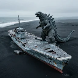 low angle cinematic aerial shot of abandoned aircraft carrier attacked by godzilla in the middle of black sand beach in iceland