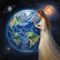 An artistic goddess paints the earth into the solar system, matte painting