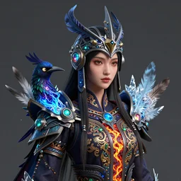 mikami yua 3 d warrior goddess medium shot portrait. beautiful hyperrealistic intricate highly detailed magpie helm and richly embroidered blouse, quetzalcoatl, bioluminescent, curious, kintsugi, plasma, lava, ice, feather, artwork by tooth wu and wlop and chiara bautista, octane 3 d render