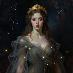 breathtaking detailed soft painting of the night queen with a golden headpiece, blood eyes and mouth, gauze dress draped of fireflies and constellations and nebulae in the background, rembrandt style, elegant, highly detailed, artstation, concept art, matte, sharp focus, art by tom bagshaw, casimir art, kelogsloops and greg rutkowski