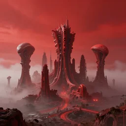 red alien organic city under a red sky, with fog, superior quality masterpiece