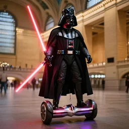 a photorealistic photograph of darth vader riding a hoverboard in grand central station. he is holding a bright red lightsaber. illuminated scene. fine detail. this 4 k hd image is trending on artstation, featured on behance, well - rendered, extra crisp, features intricate detail, epic composition and the style of unreal engine.