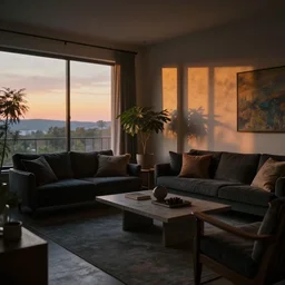 sunset in a tastefully decorated living room with dark luxurious furnishings, and a mix of antique and modern furniture, and a mix of concrete and wood finishes, soft focus cinematic still, dark dreamy sunset dappled light by monet