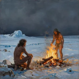 painting of prehistoric caveman, icescape, fire hearth, desolation, by edward hopper and bo bartlett, cinematic light