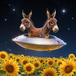 a donkey - alien in a brown button - up shirt, hovering in his flying saucer over a planet full of sunflowers, the background is of space full of twinkling little stars