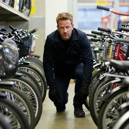 crime photo of robber john manchester hiding behind the bike aisle of a toys r us, 2 0 0 5 covert photograph, thief john manchester is seen through behind a bike aisle inside a toys r us, florescent lighting, criminal hiding, photo