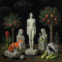 realistic painting of solid black night sky, tall emo girl, stone sculptures, a fox, a pear tree, black clouds dripping black liquid, stones, black puddles, pomegranate tree, bromeliads, herbs, raven, courgettes, berries, zen, sensual, surrealist painting by magritte and monet and kahlo