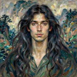 a portrait of a man enshrouded in an impressionist representation of mother nature and the meaning of life by quinhglu and jinbi shanshui, the man is surrounded by detailed luscious botany and massive redwood trees by mati klarwein, thick watercolor brush strokes, portrait painting by daniel garber, vintage postcard illustration
