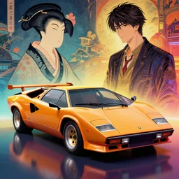 colourful vfx art of a 1 9 8 0 lamborghini countach, art by utagawa kunisada & james jean, volumetric light, ray tracing, unreal engine, octane 3 d render, sharp, detailed, digital painting, illustration, highly detailed, intricate detail, pinterest, behance, art station,
