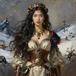 portrait of russian asian model girl jodhpurs hyperborea winter traveler treasure hunter decollete greg manchess painting by sargent and leyendecker, fantasy, medium shot, asymmetrical, intricate, elegant, matte painting, illustration, hearthstone, by rhads, by greg rutkowski, by greg tocchini, by james gilleard, by joe fenton