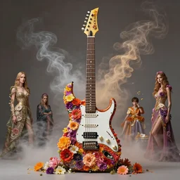 high intricate detailed commercial photo of a ibanez electric guitar covered in colorful flowers and smoke, golden ratio, rule of thirds, flowerpunk, majestic, elegant, by lea leonowicz, by maks trofimov, by jenny brozek, by johannes wessmark