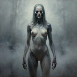 realistic painting of ripley wearing a skimpy jumpsuit designed by H.R. Giger, eerie fog, oil painting
