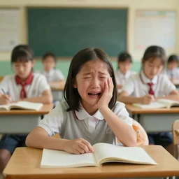 photo of a crying ten year old girl in class taken by wes anderson