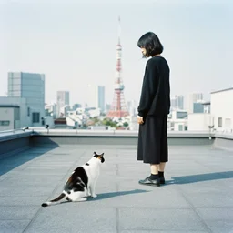 daido moriyama style photograph of a cat and its female owner on a rooftop in Tokyo,