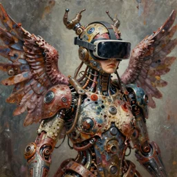 junky angel, cybertronic gadgets and vr helmet, flesh + technology, durty colours, rotten textures, rusty shapes, biotechnology, norman rockwell, tim hildebrandt, dariusz zawadzki, bruce pennington, larry elmore, hyperrealistic oil painting on canvas, deep depth field, masterpiece, cinematic composition, hyper - detailed, hd, hdr