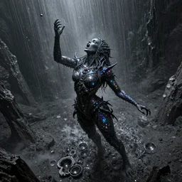 pearlescent black lilith! the mother of all monsters!! singing, covered in iridescent glitter!!, raining ash, fine art masterpiece, highly detailed dino valls wayne barlowe machiej kuciara, dramatic lighting, long shot, high angle, uhd 8 k, sharp focus