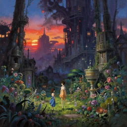 baroque oil painting of anime key visual environment of a garden of eden in a cyberpunk world, brutalist, dark fantasy, sunset, rule of thirds, digital cel shading, fake hidden detail, trending on pixiv fanbox, style of makoto shinkai studio ghibli jamie wyeth james gilleard greg rutkowski