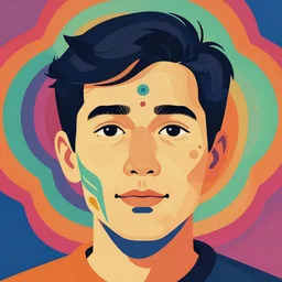 a colorful vibrant closeup portrait of a simple man with dreaming psychedelic hallucinations, colorful flat surreal design, hd, 8k, artstation
