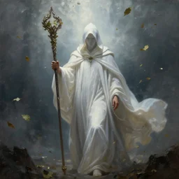 ''cinematic shot'' white hooded mage ( specter ) holding a staff with leaves falling simetrical 8 k atmosferic realistic made by ivan aivazovsky, peter mohrbacher, greg rutkowski volumetric light effect broad light oil painting painting fantasy art style sci - fi art style realism premium prints available artwork unreal engine