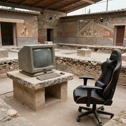 archaeological dig in pompeii reveals an ancient gamer room with ancient computer and ancient gamer chair, 4K photo, highly detailed