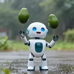 a happy robot juggling avocados in the rain