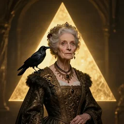 enchanting old lady with crow on her shoulder, rule of thirds, golden triangle, masterpiece, intricate, elegant, highly detailed, eerie beautiful cinematic,