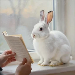 cottontail rabbit with human hands, reading a rulebook in front of a window, soft lighting, dawn, white, beautiful, 4 k, abstract painting, blending, beautiful