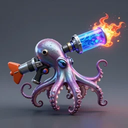 a shooting octopus weapon with splatoon 3 style, metal + rocket gun + water gun + flame + water reservoir + barrel nozzle + spray colorful paint + neon,