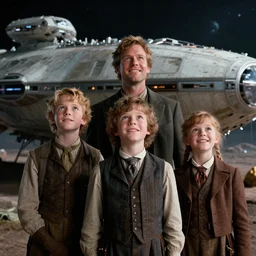 sharp, highly detailed, film from a blockbuster sci fi 4 k color movie, set in 1 8 6 0, family standing in front of a crashed spaceship, on a alien planet, looking happy, wearing 1 8 5 0 s era clothes, atmospheric lighting, in focus, reflective eyes, 3 5 mm macro lens, live action, nice composition, good photography, facial details