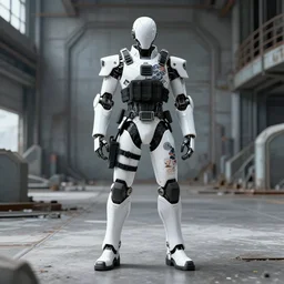 cyborg with white and black ancestral ornate japanese tactical gear standing in an abandoned futuristic factory, long shot, by irving penn and storm thorgerson, ren heng, peter elson, alvar aalto, makoto shinkai, toei animation