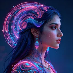 Eternity, Maya Ali sorceress, side profile portrait, sweat drops, neon, fibonacci, insane, intricate, highly detailed, digital painting, artstation, concept art, smooth, sharp focus, illustration, Unreal Engine 5, 8K, art by artgerm and greg rutkowski and alphonse mucha