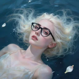 abeautiful + blonde + dragon queen + white hair + black glasses + lily collins, floating under the deep dream water, beautiful smooth soft light + white petal, oil paint, cinematic lighting, octane render, unreal engine 5, closeup, 4 k, highly detailed, instagram,