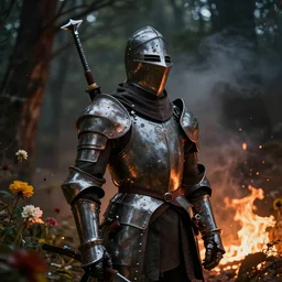 portrait of a knight among flowers in dark forest surrounded by fire and smoke, moody, rim light, dynamic lighting, cinematic shot, gritty, ultra - detail, renderman, physically based render, jean delville, gustave dore and marco mazzoni