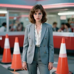 the most beautiful cybercore traffic cone diner, casual elegant suit, blue moe eyes, angelic detail, scene from a nicolas winding refn movie